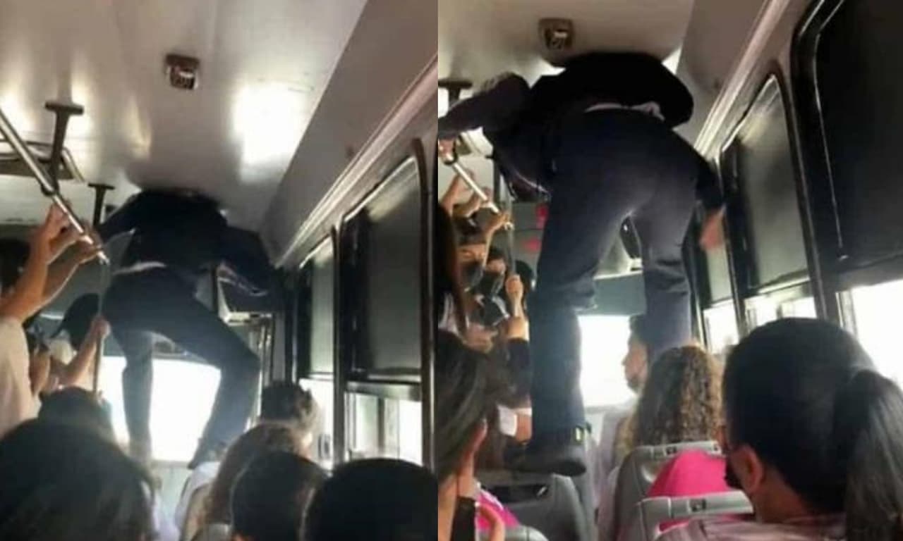 El joven se vio muy hábil para bajarse del bus.