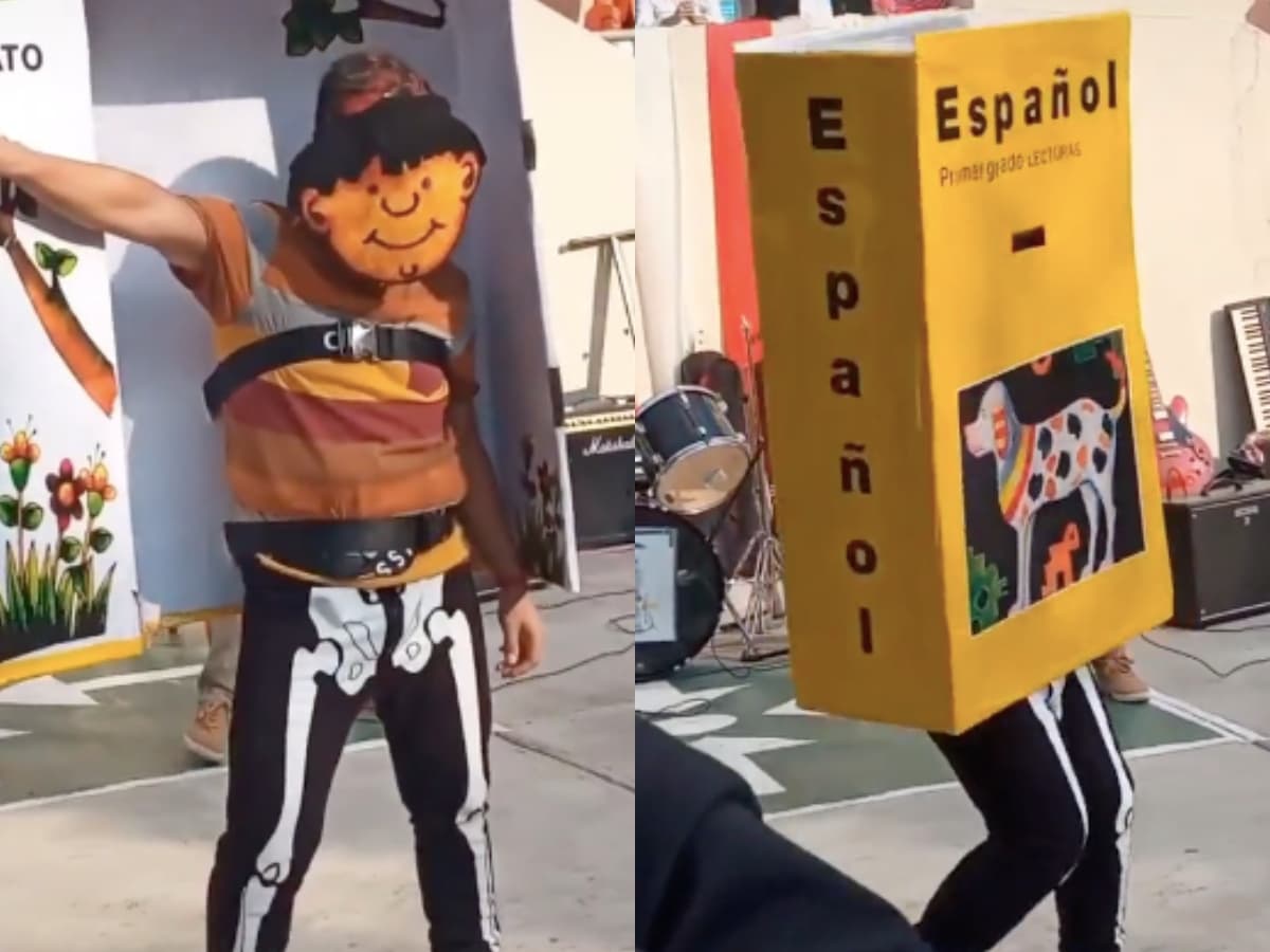 En Monterrey, un chico se disfraza de libro de texto de la SEP.